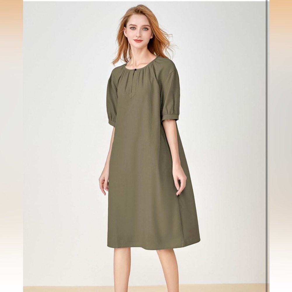 Chic Olive Midi Dress with Puff Sleeves